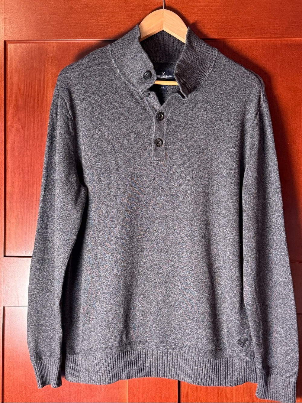 American Eagle Gray Cotton Mock Neck Button Pullover Sweater Size Large